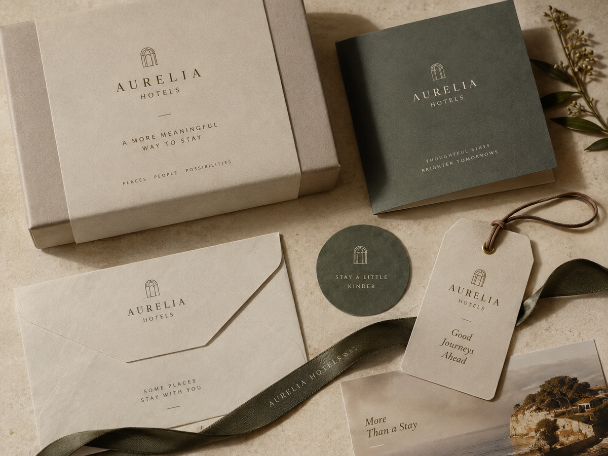 Aurelia Hotels bespoke corporate Christmas gift concept with luxury branded box, printed card, tag, ribbon and stationery.