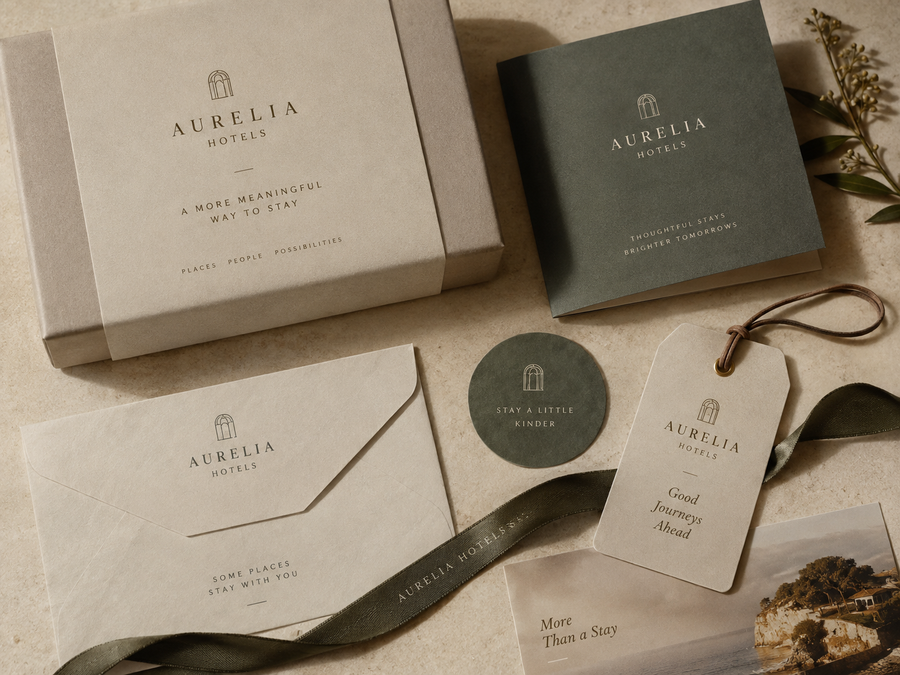 Aurelia Hotels bespoke corporate Christmas gift concept with luxury branded box, printed card, tag, ribbon and stationery.